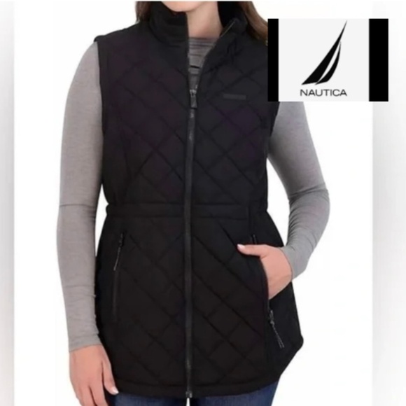 Nautica blak quilted zip up long vest, S - Picture 1 of 7